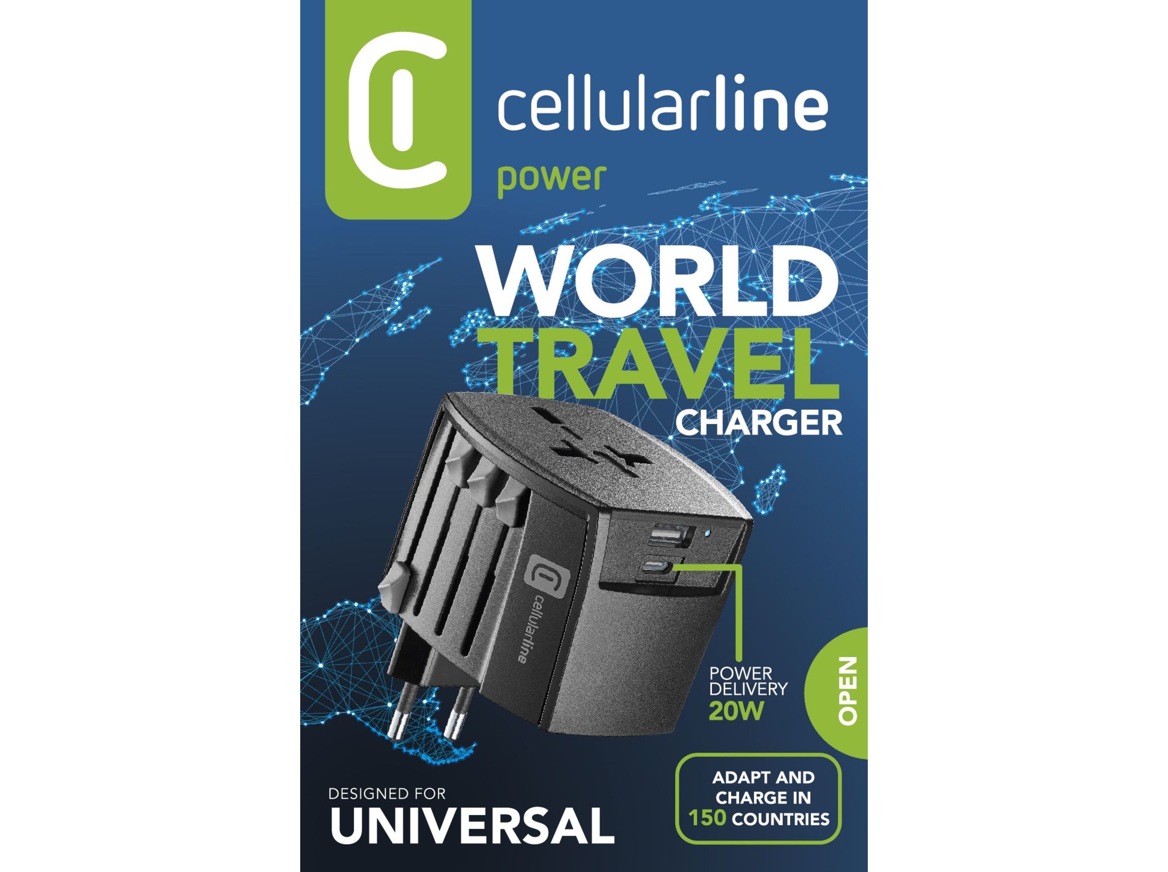 ADAPTADOR DE VIAGEM CELLULARLINE WORLD TRAVEL CHARGER 20W 1X USB-A 1X USB-C image number 1