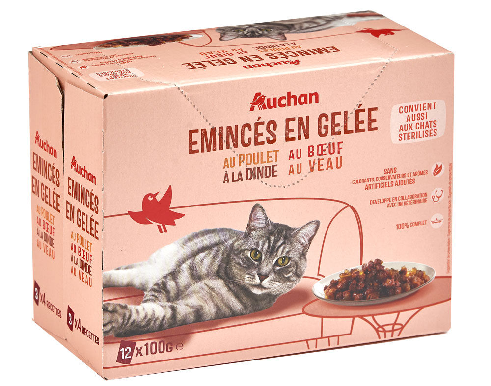 COMIDA H&Uacute;MIDA PARA GATO AUCHAN SAQUETAS PEDA&Ccedil;OS EM GELEIA CARNE 12X100G image number 0