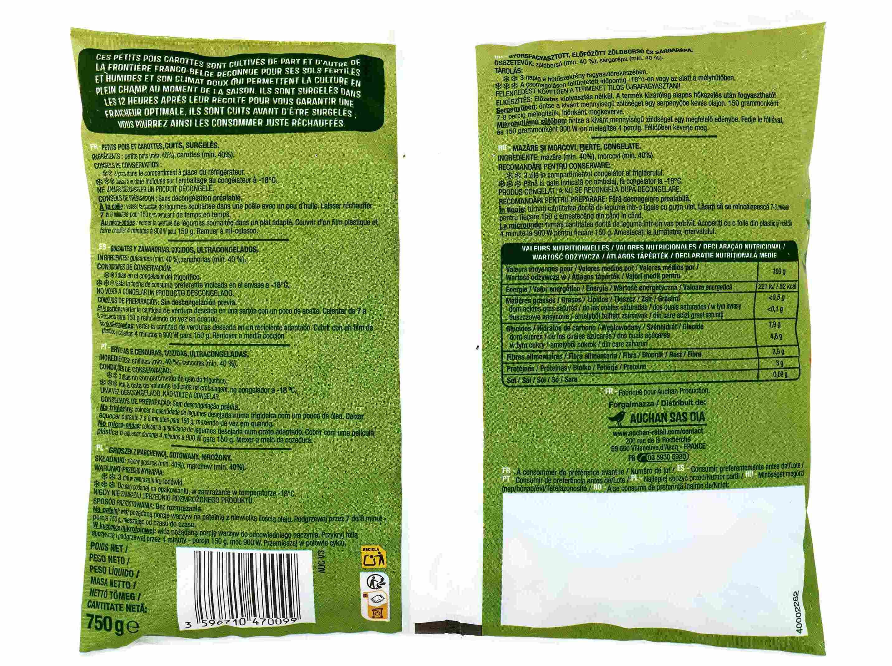 ERVILHAS E CENOURAS AUCHAN COZIDAS ULTRACONGELADAS 750G image number 1