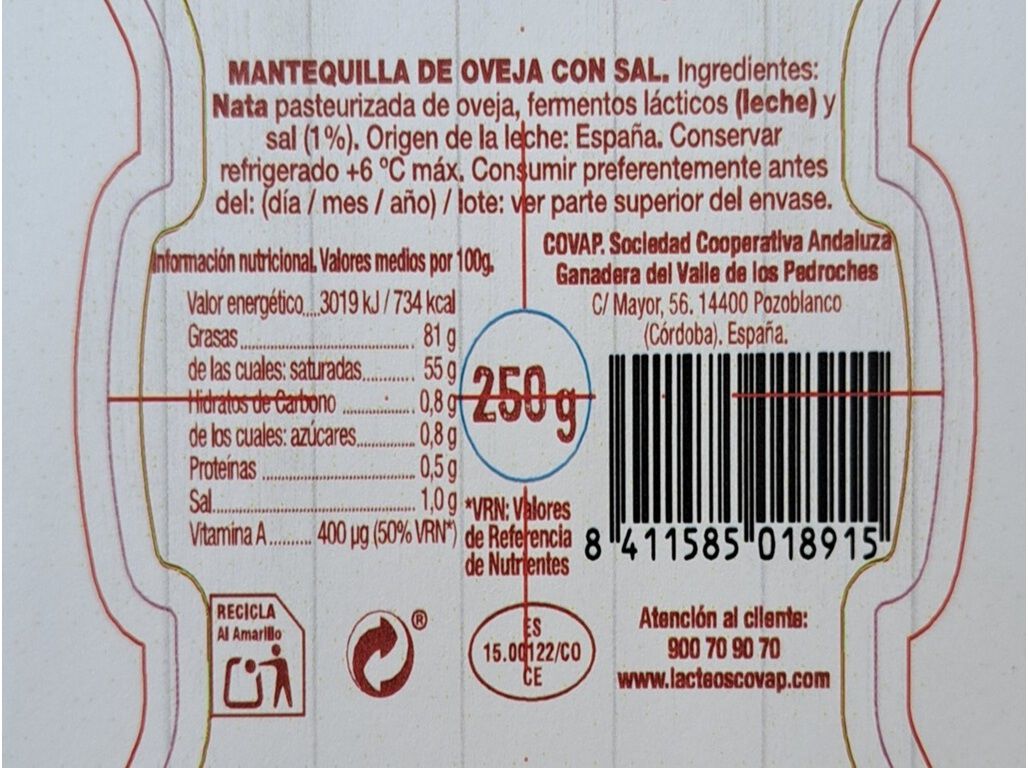 MANTEIGA OVELHA COVAP COM SAL 250G image number 1