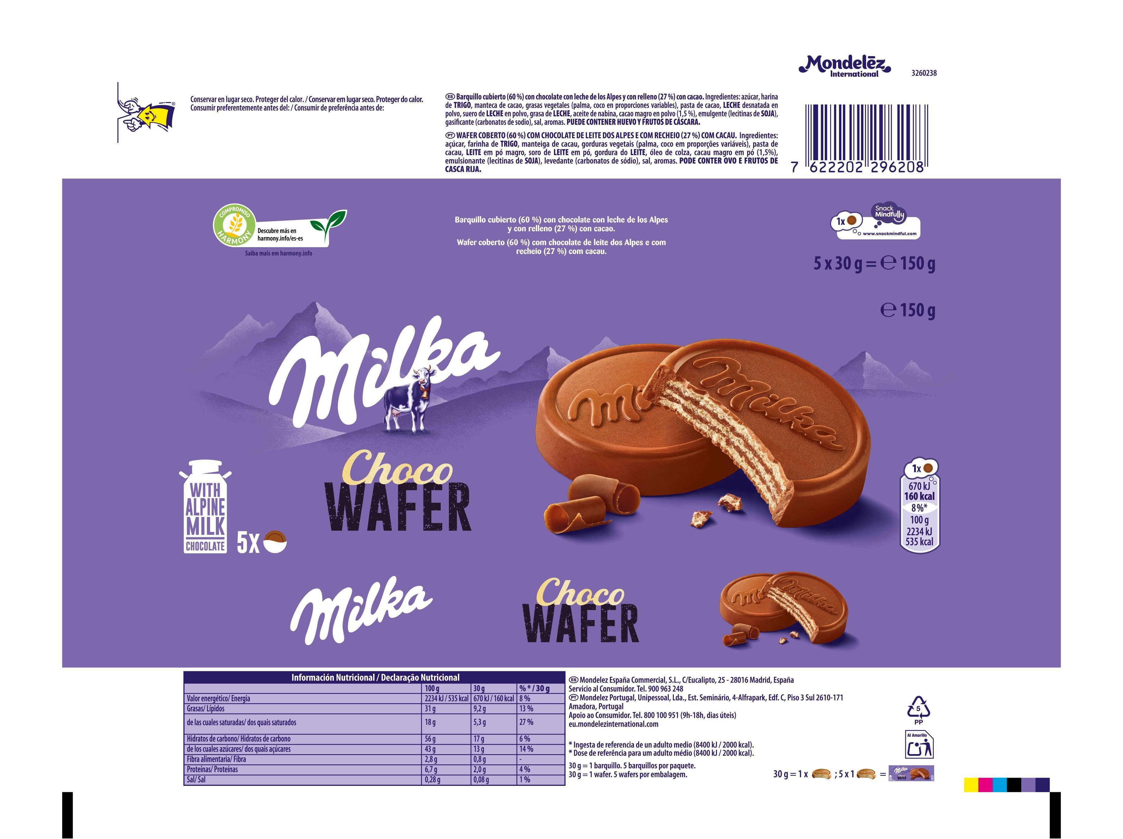 BOLACHA WAFER MILKA CHOCOLATE LEITE 150G image number 1