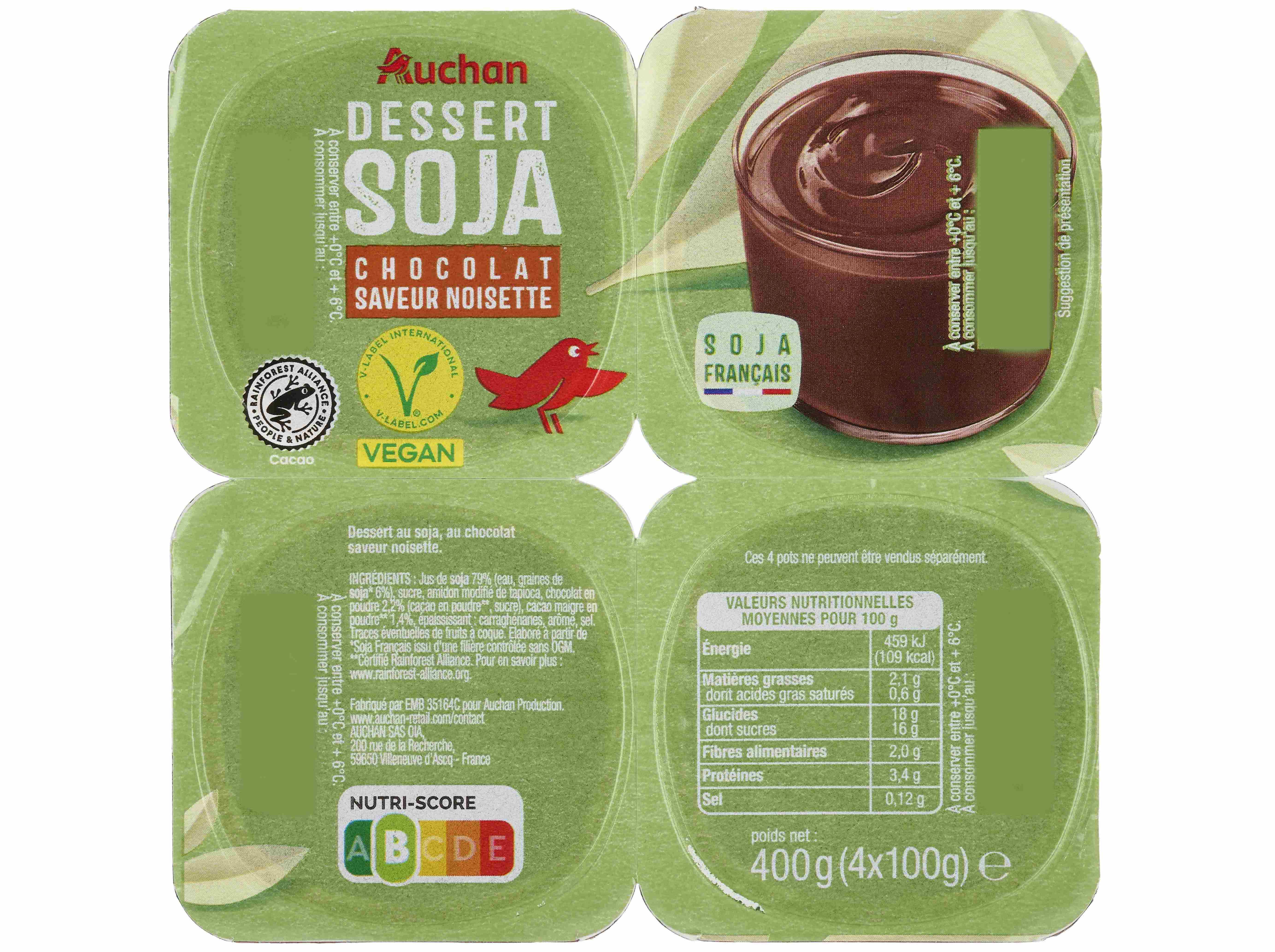 SOBREMESA AUCHAN SOJA CHOCOLATE E AVEL&Atilde; 4X100G image number 1