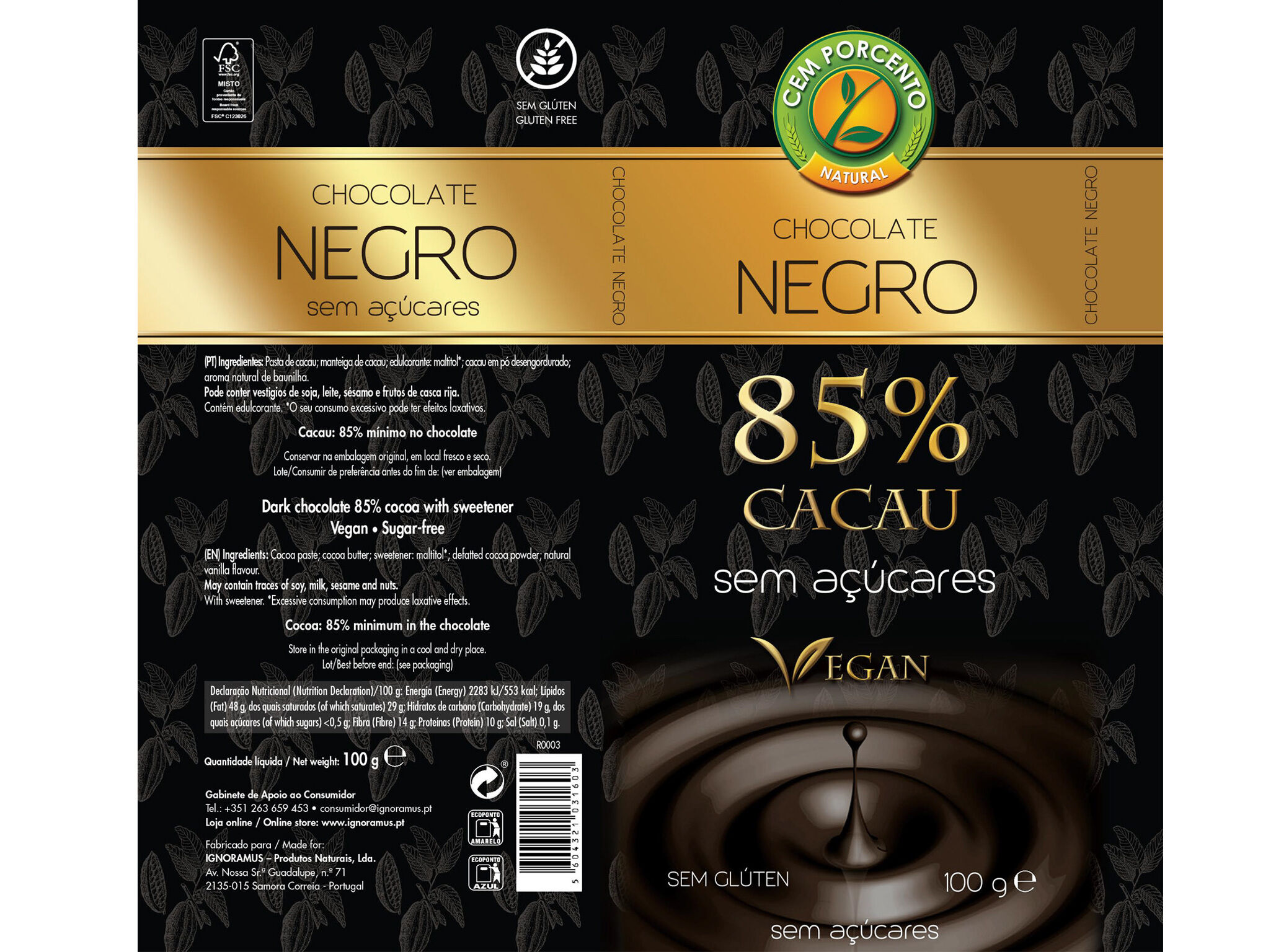 CHOCOLATE CEM PORCENTO NEGRO 85% CACAU 100G image number 1