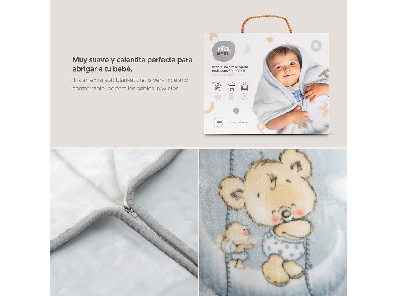 MANTA SACO INTERBABY TERCIOPELO CINZA 80X90CM image number 2