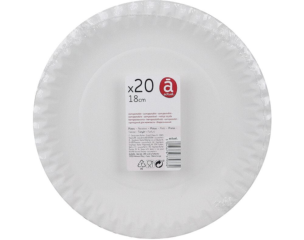 PRATOS CART&Atilde;O BIODEGRAD&Aacute;VEL ACTUEL 18CM PACK 20 UNIDADES