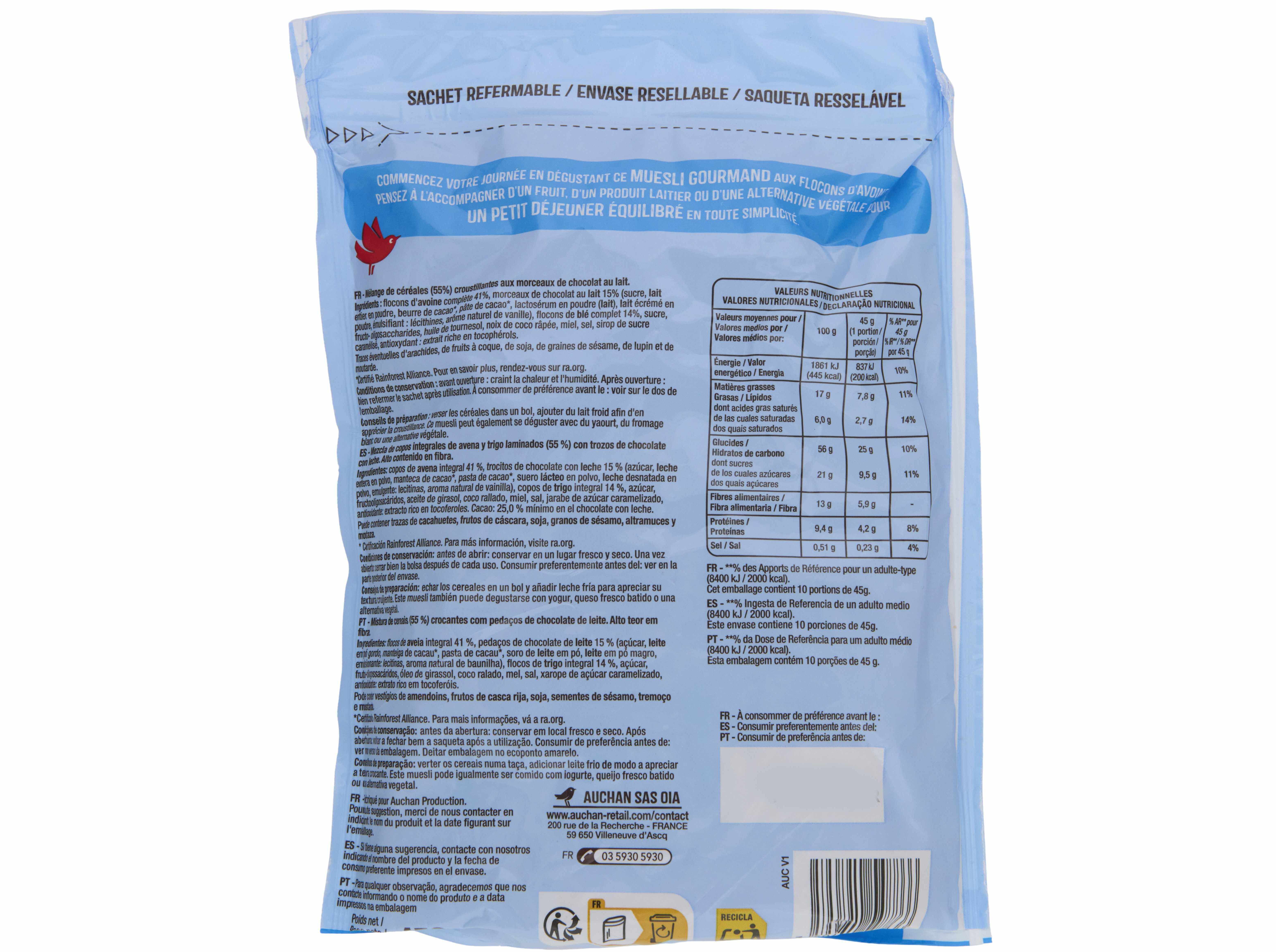 CEREAIS AUCHAN MUESLI CHOCOLATE DE LEITE 450G image number 1