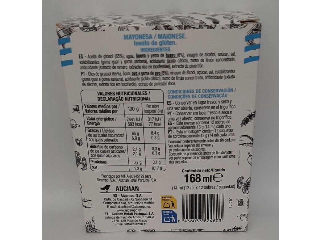 MAIONESE AUCHAN MONODOSES 168 ML 12UN image number 1