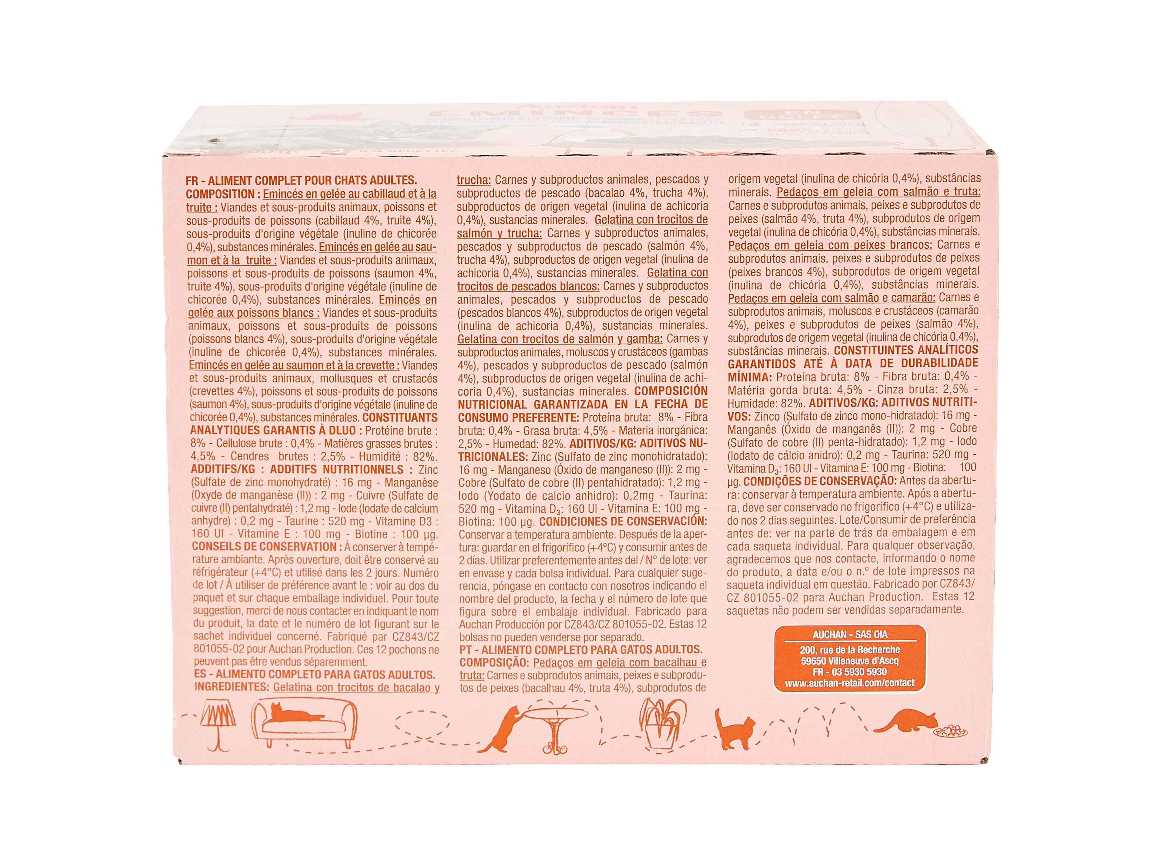 COMIDA H&Uacute;MIDA PARA GATO AUCHAN SAQUETAS PEDA&Ccedil;OS EM GELEIA PEIXE 12X100G image number 1