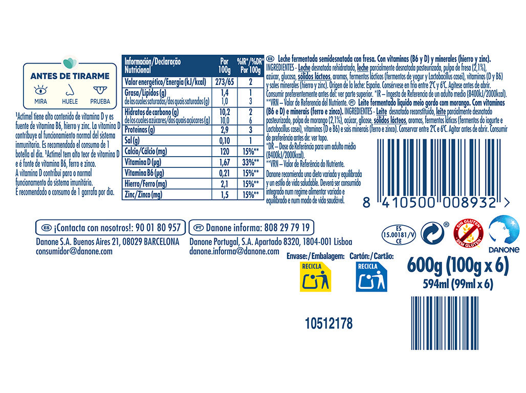 PROBI&Oacute;TICO ACTIMEL MORANGO 6X100G image number 1