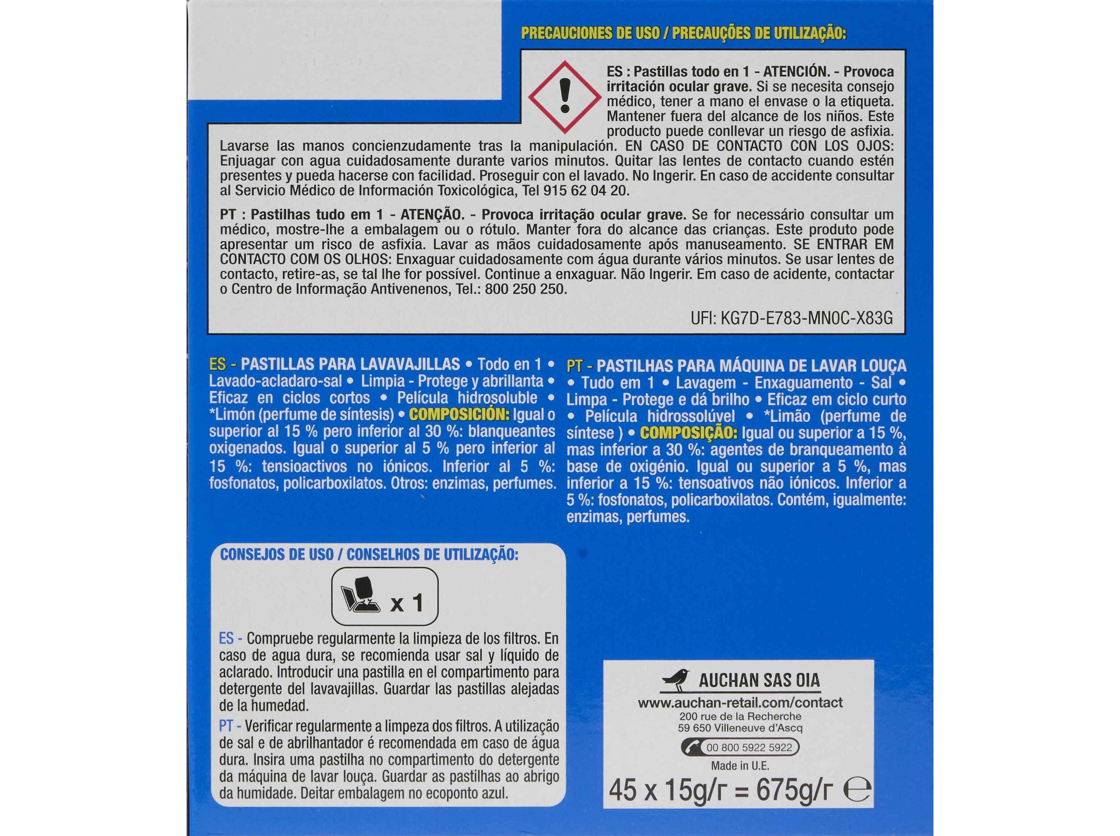 DETERGENTE LOI&Ccedil;A M&Aacute;QUINA AUCHAN PASTILHA TUDO EM 1 LIM&Atilde;O 45UN image number 1