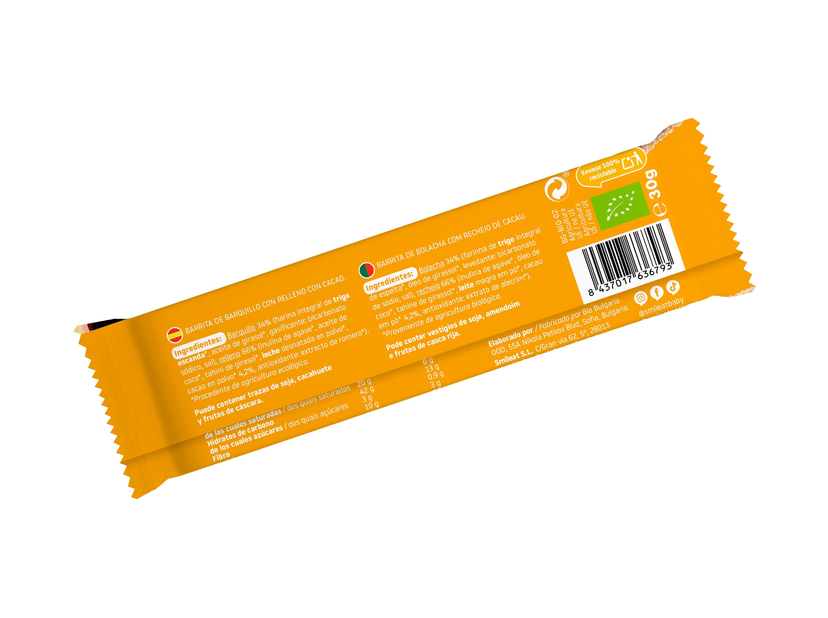 BOLACHA WAFER SMILEAT COM RECHEIO CACAU BIO 30G image number 1