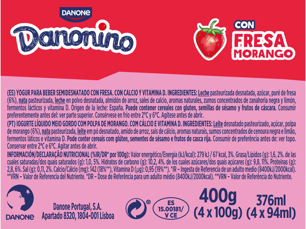 IOGURTE DANONINO PARA BEBER MORANGO 4X100G image number 1
