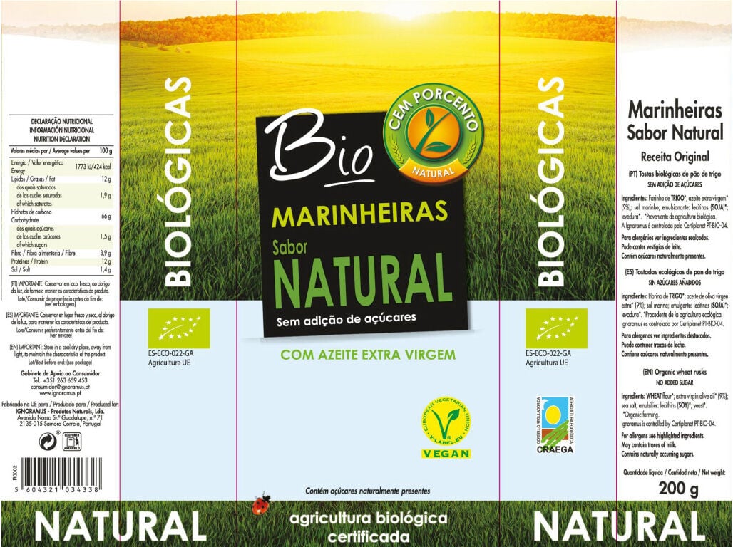 BOLACHA CEM PORCENTO MARINHEIRAS NATURAL BIO 200G image number 1