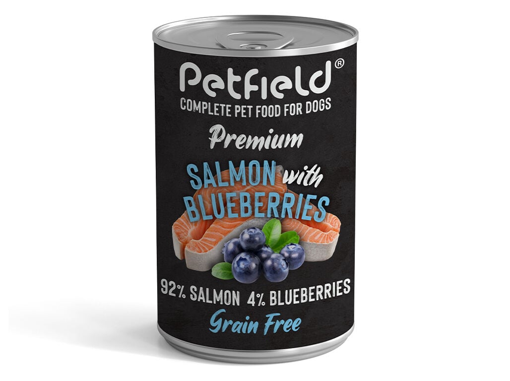 COMIDA H&Uacute;MIDA C&Atilde;O PETFIELD SALM&Atilde;O E MIRTILO 400G