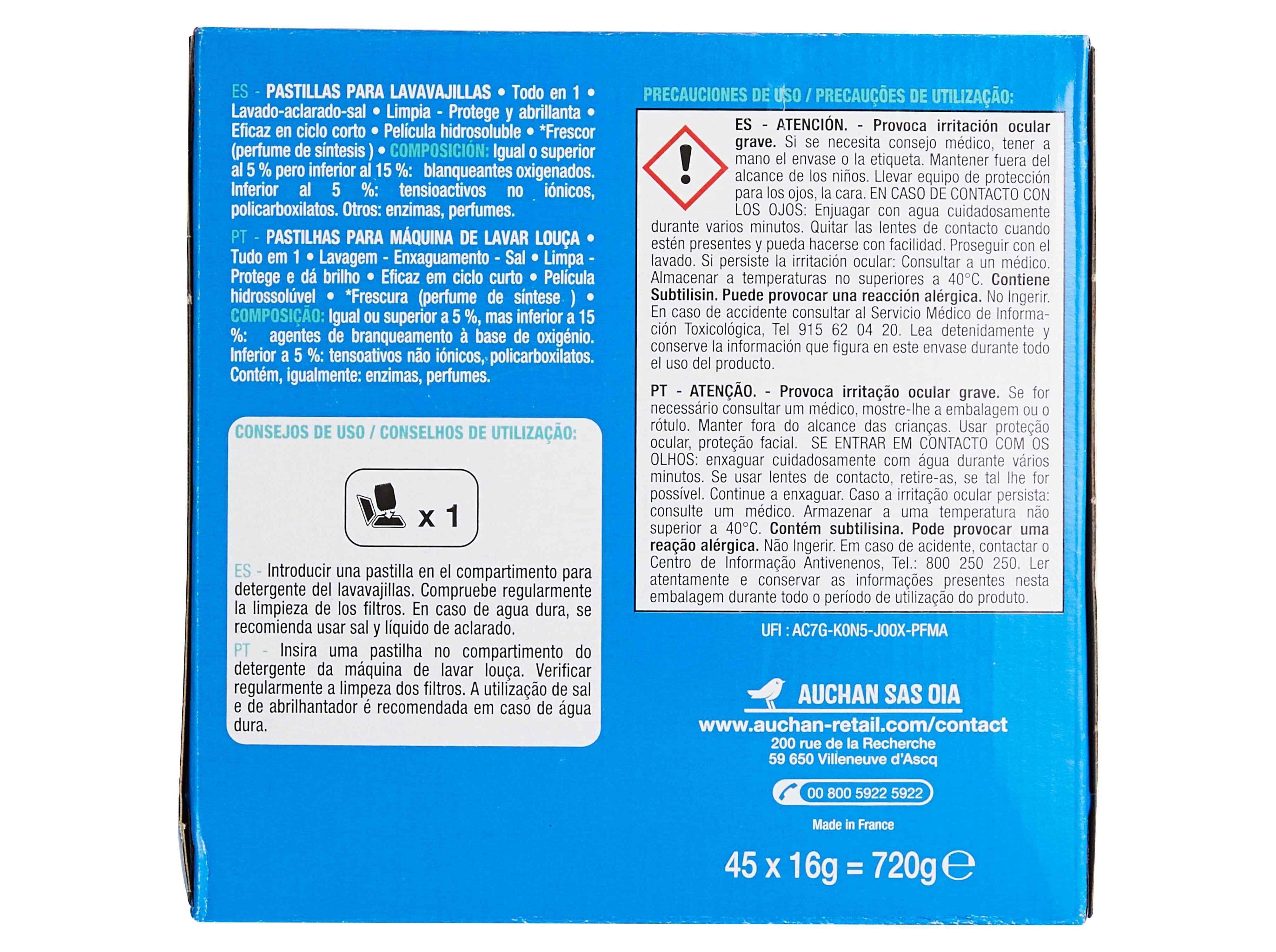 DETERGENTE AUCHAN M&Aacute;QUINA LOI&Ccedil;A PASTILHA TUDO EM 1 FRESCURA 45UN image number 2