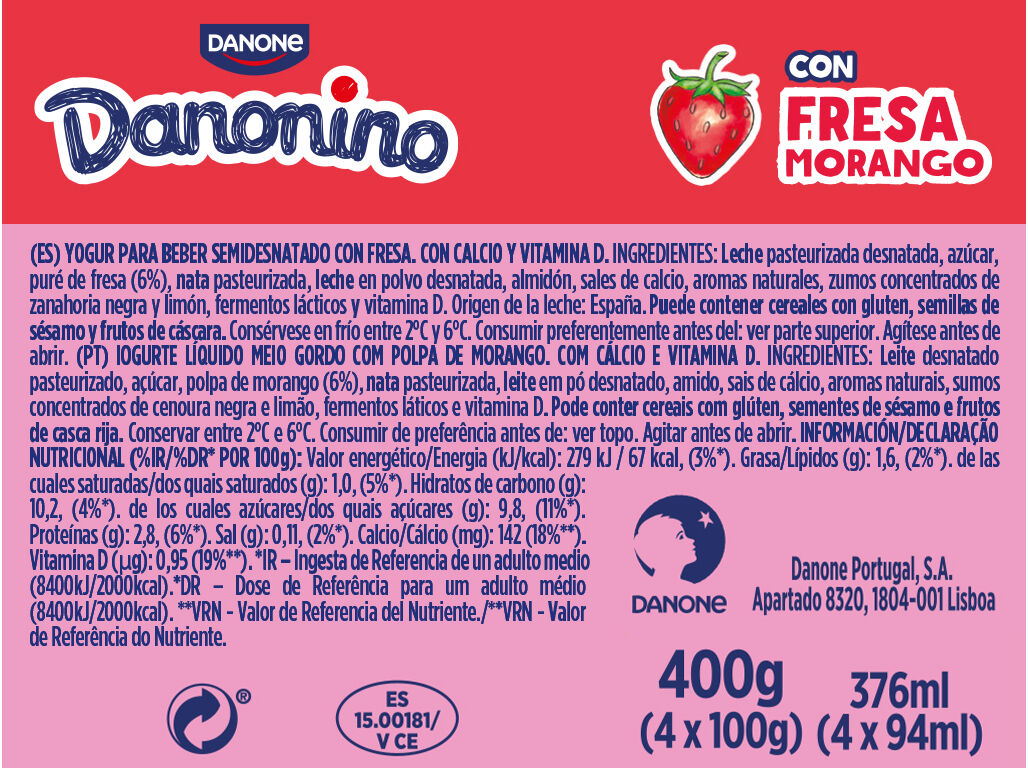 IOGURTE DANONINO PARA BEBER MORANGO 4X100G image number 1