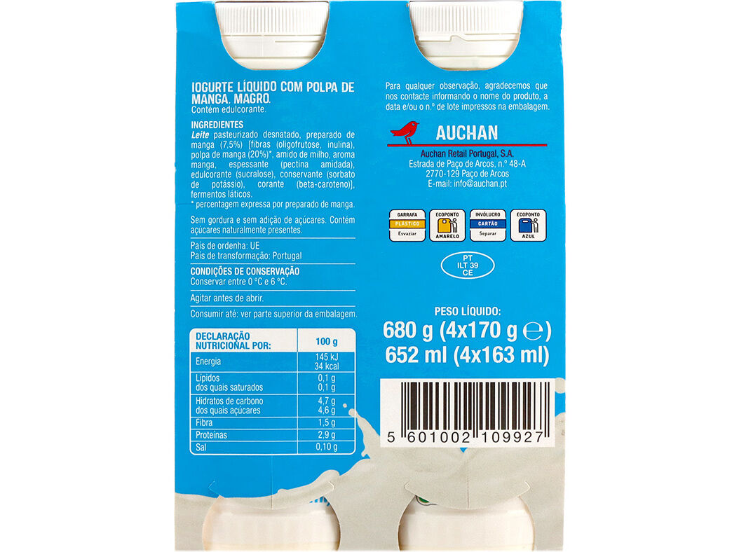 IOGURTE AUCHAN L&Iacute;QUIDO MAGRO MANGA 4X170G image number 2