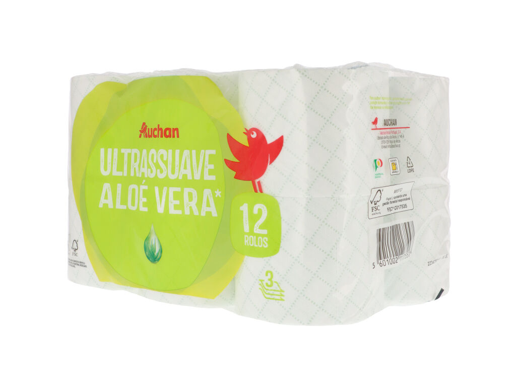 PAPEL HIGI&Eacute;NICO AUCHAN ULTRASSUAVE ALO&Eacute; VERA 3 FOLHAS 12 ROLOS image number 1