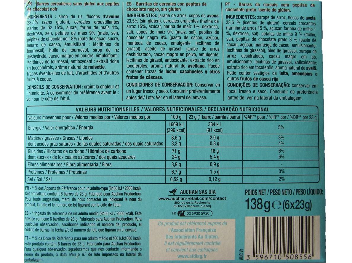 BARRAS DE CEREAIS AUCHAN SEM GL&Uacute;TEN CHOCOLATE 6UN 138G image number 1