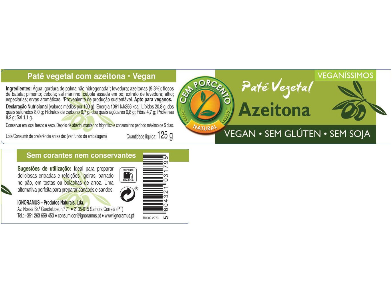 PAT&Eacute; CEM PORCENTO VEGAN&Iacute;SSIMOS AZEITONA 125G image number 1