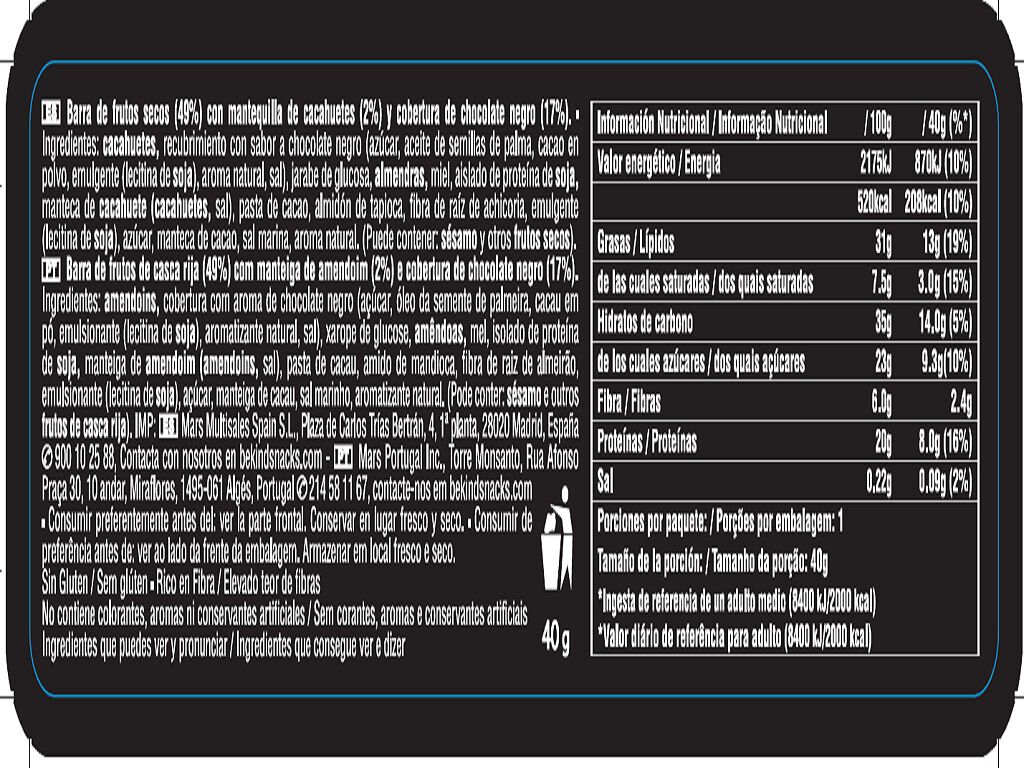BARRA BE-KIND MANTEIGA AMENDOIM E CHOCOLATE NEGRO 40G image number 1