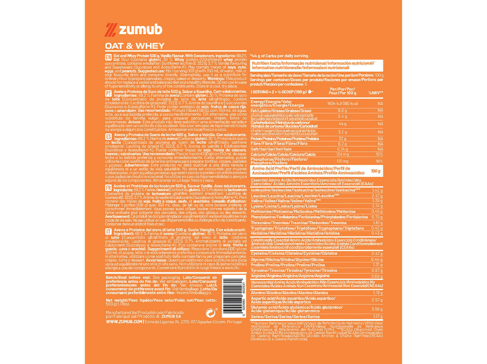 PROTEINA ZUMUB AVEIA & WHEY BAUNILHA 500 G image number 1