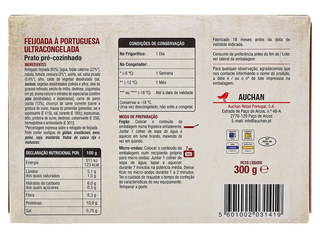 FEIJOADA &Agrave; PORTUGUESA AUCHAN ULTRACONGELADA 300G image number 2