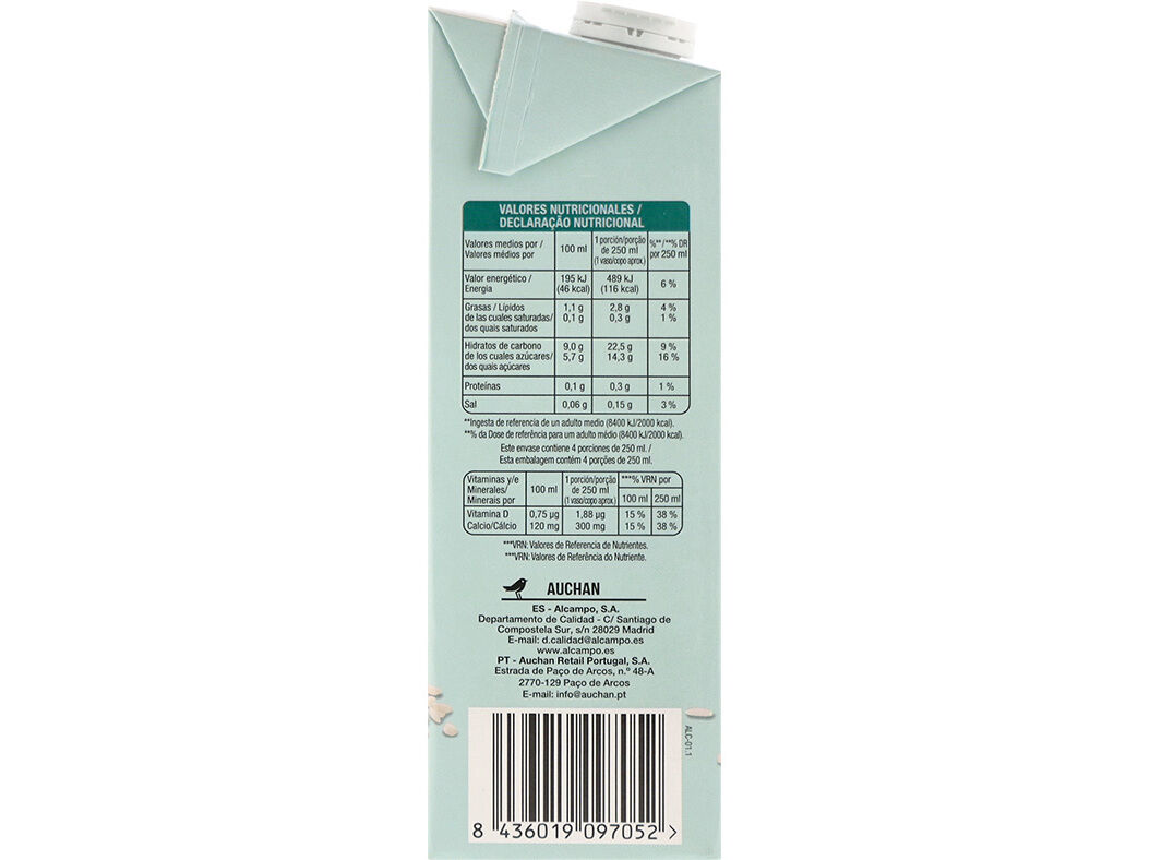 BEBIDA ARROZ UHT AUCHAN SEM GL&Uacute;TEN E SEM ADI&Ccedil;&Atilde;O DE A&Ccedil;&Uacute;CAR 1L image number 3