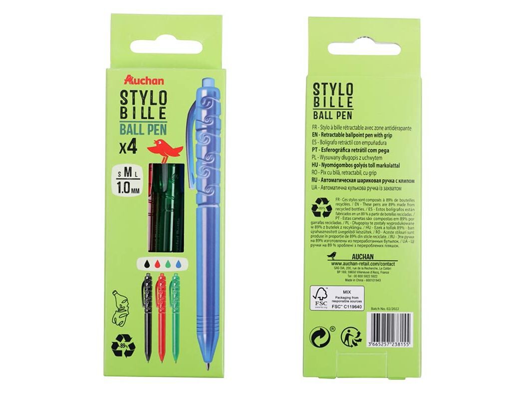 CONJUNTO DE 4 ESFEROGR&Aacute;FICAS AUCHAN RECICLADA image number 0