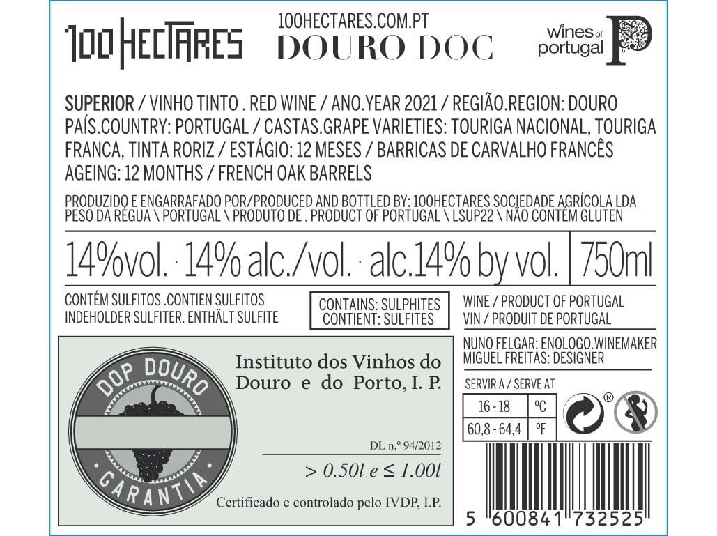 VINHO TINTO 100 HECTARES SUPERIOR DOURO 0.75L image number 1