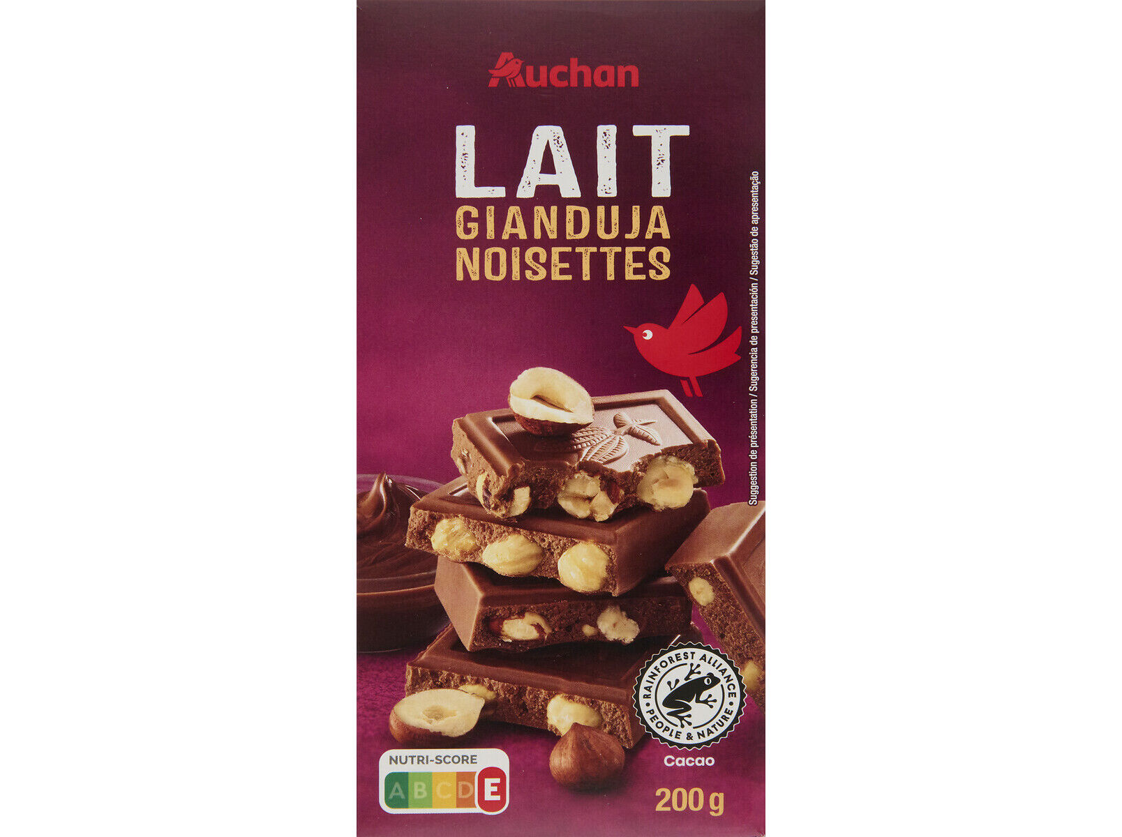 CHOCOLATE DE LEITE AUCHAN COM AVEL&Atilde;S INTEIRAS 200G