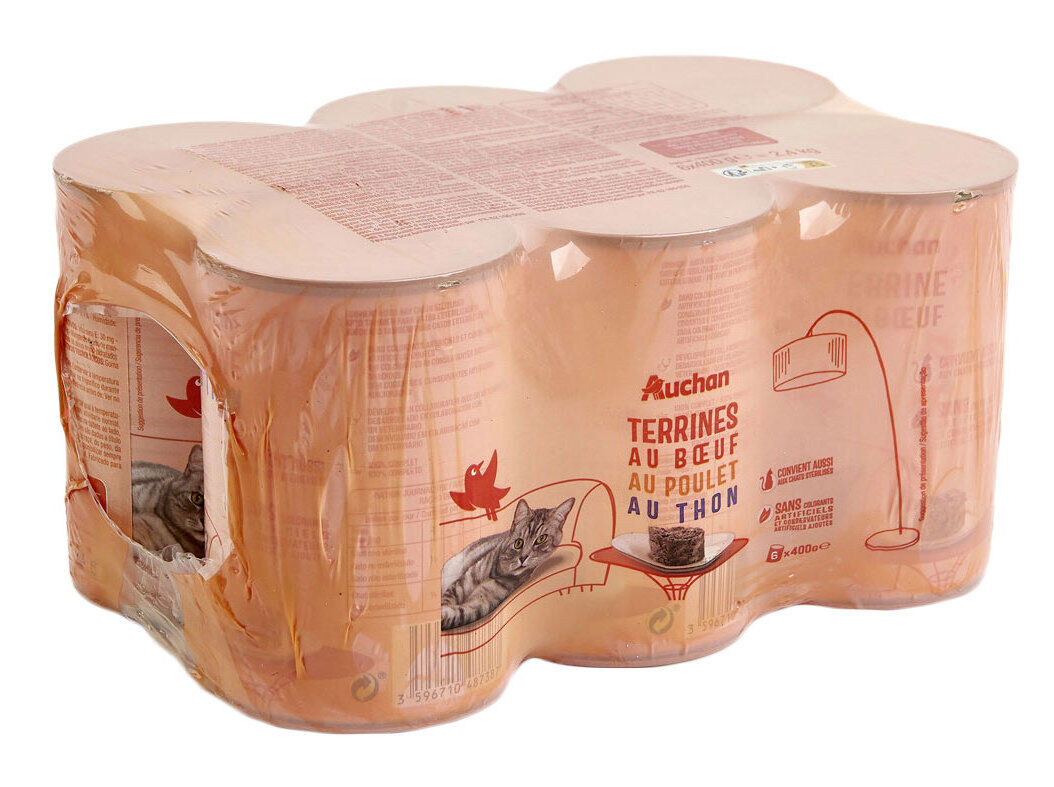 COMIDA H&Uacute;MIDA PARA GATO AUCHAN TERRINA COM VACA COM FRANGO E COM ATUM 6X400G