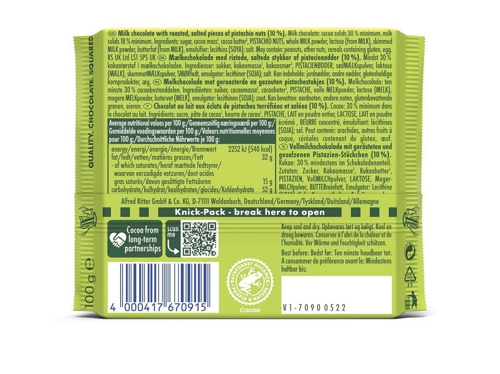 CHOCOLATE LEITE RITTER SPORT PISTACHIO 100G image number 1