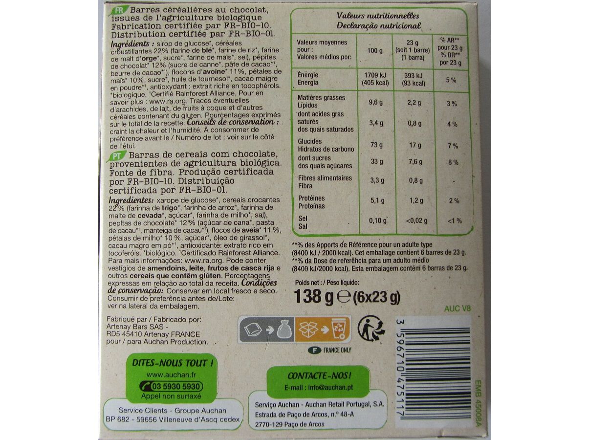 BARRA DE CEREAIS AUCHAN BIO CHOCOLATE 138 G (6X23G) image number 1