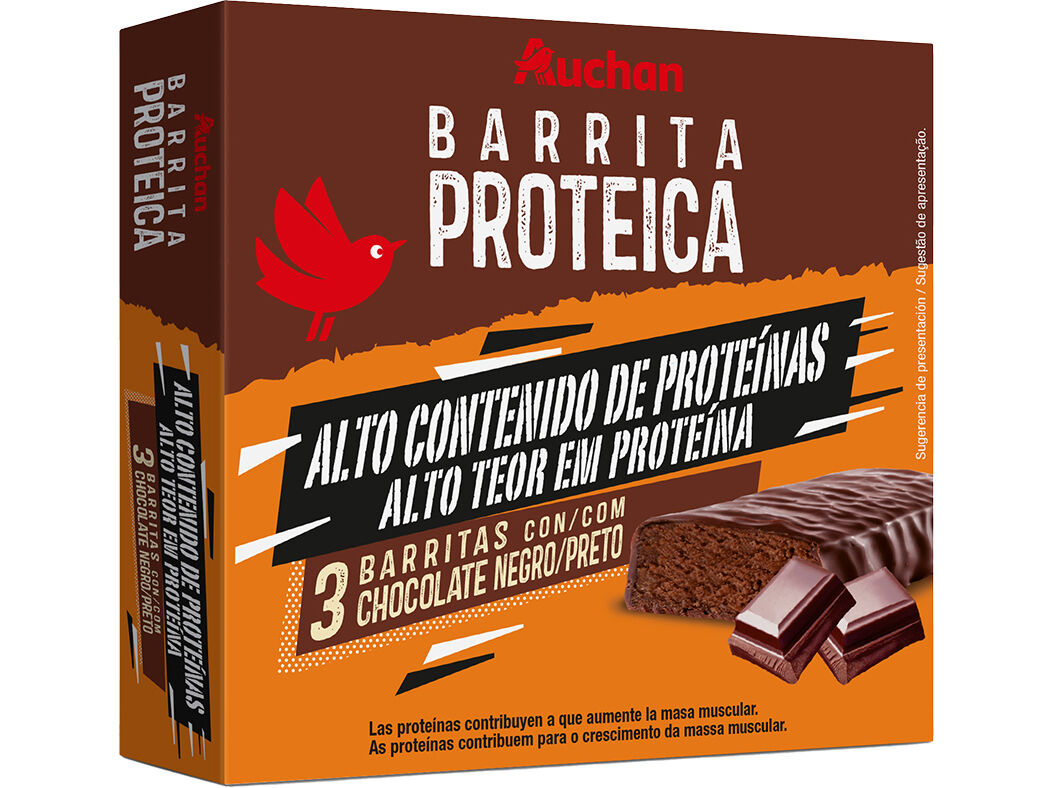 BARRITA PROTEICA AUCHAN COM CHOCOLATE PRETO 3UN 120G image number 1