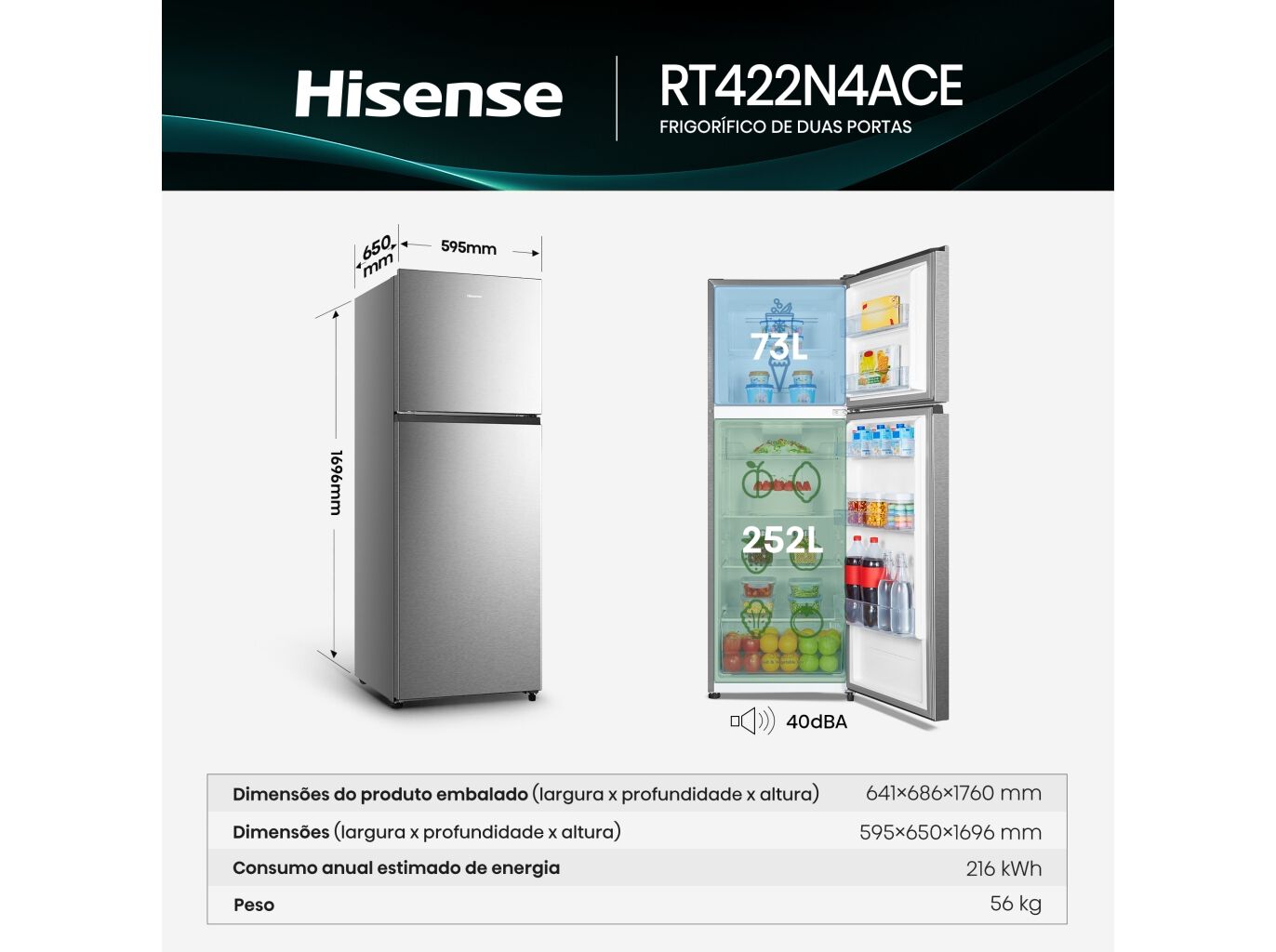 FRIGOR&Iacute;FICO 2 PORTAS HISENSE RT422N4ACE E LOOK INOX TOTAL NO FROST 325L image number 2