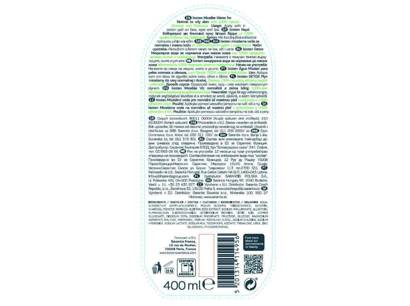 &Aacute;GUA BIOTEN MICELAR DETOX CARV&Atilde;O 400ML image number 1