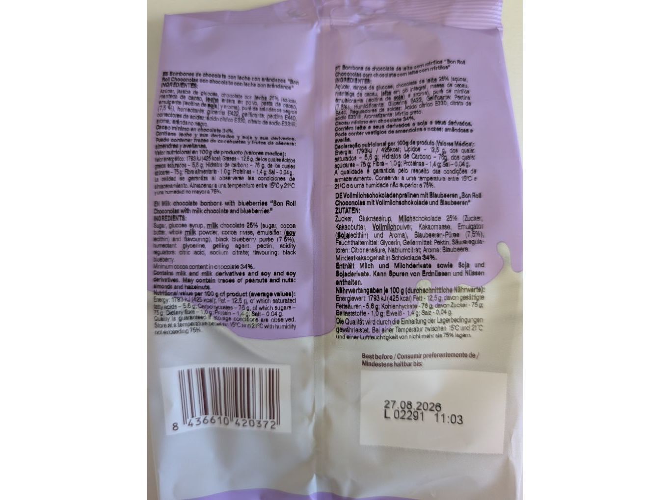 GOMAS BON ROLL MIRTILO COBERTURA CHOCOLATE LEITE 80 GR image number 1