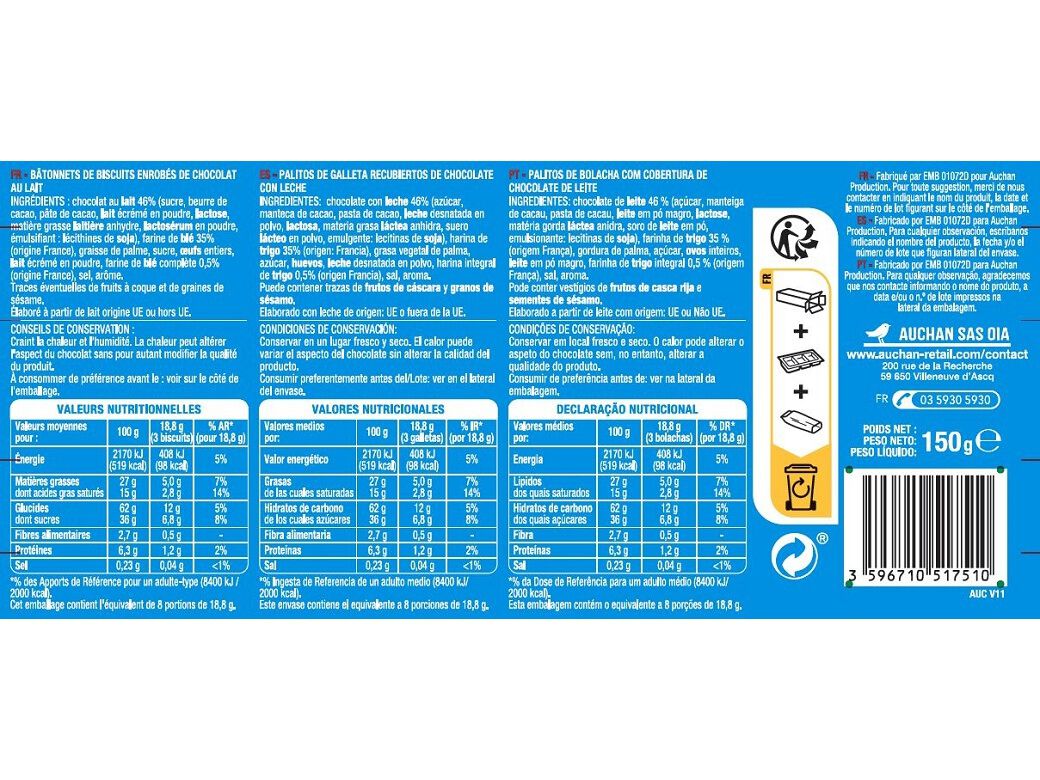 PALITOS DE BOLACHA AUCHAN COM COBERTURA DE CHOCOLATE LEITE 24UN (APROX) 150G image number 1