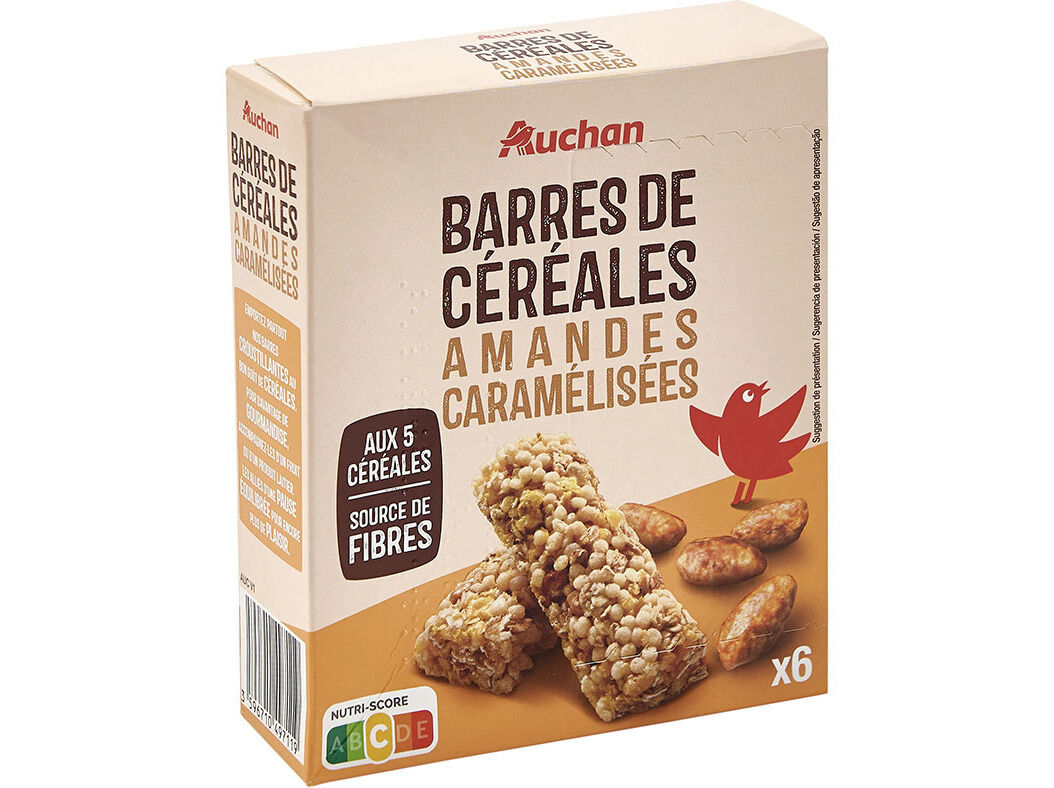 BARRAS CEREAIS AUCHAN COM AM&Ecirc;NDOAS E CARAMEL. 6 UN 126 G