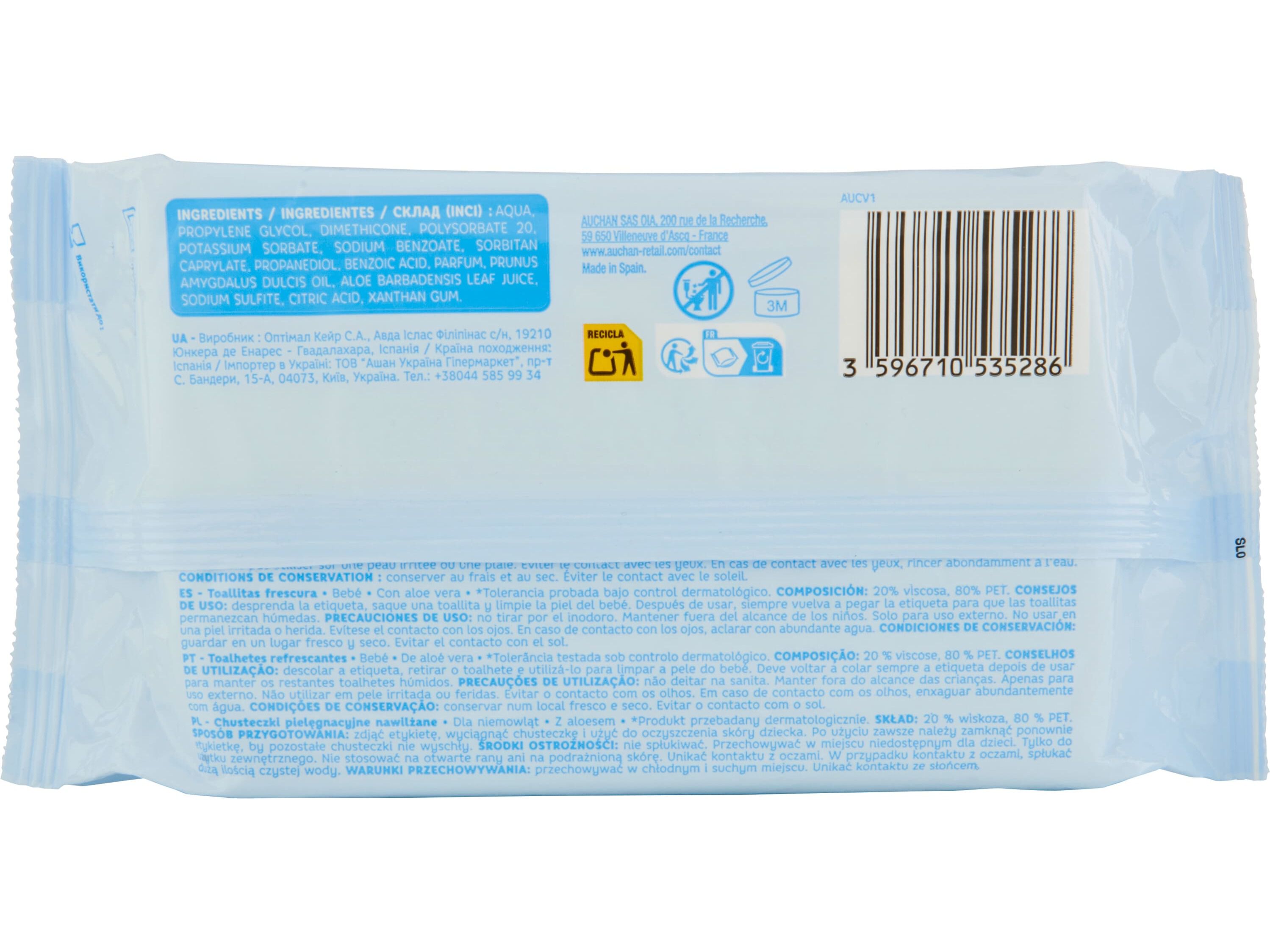 TOALHITAS AUCHAN BABY REFRESCANTES C/ALOE VERA 72UN image number 1