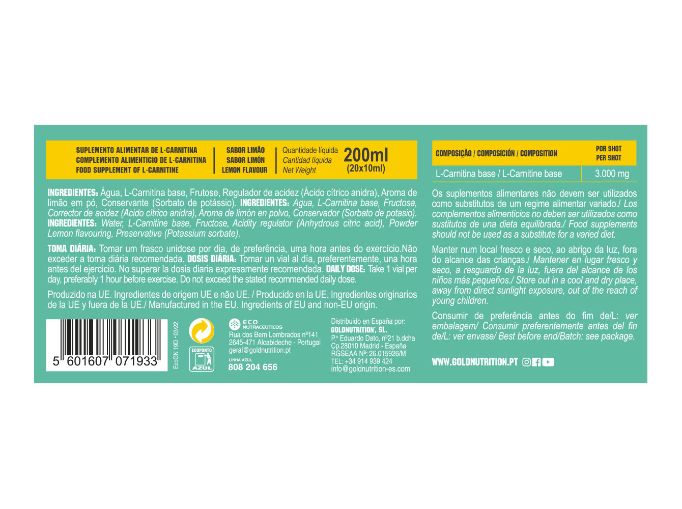 SUPLEMENTO GOLDNUTRITION L-CARTININE 3000 LIM&Atilde;O 20UN image number 1