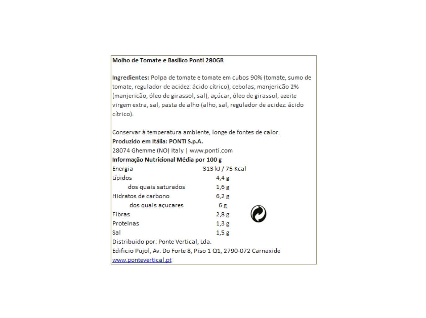 MOLHO PONTI TOMATE E BAS&Iacute;LICO 280G image number 1