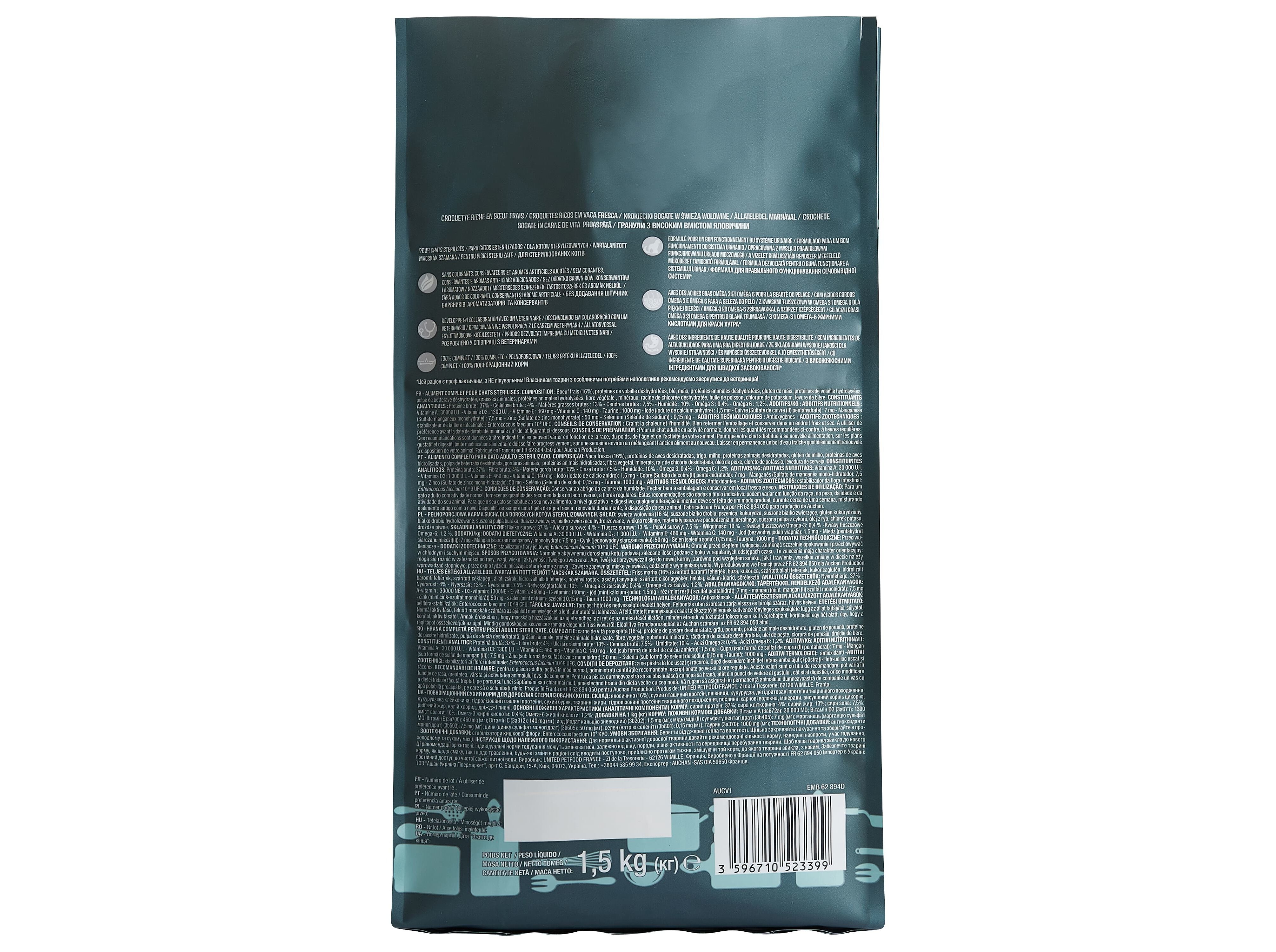 RA&Ccedil;&Atilde;O PARA GATO AUCHAN ESTERILIZADO RICO EM VACA FRESCA 1.5KG image number 2