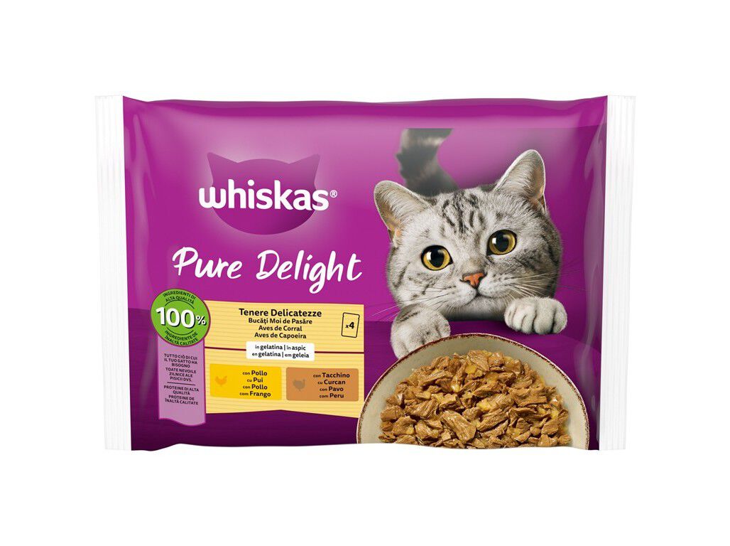 COMIDA H&Uacute;MIDA GATO WHISKAS PURE DELIGHT AVES 4X85G