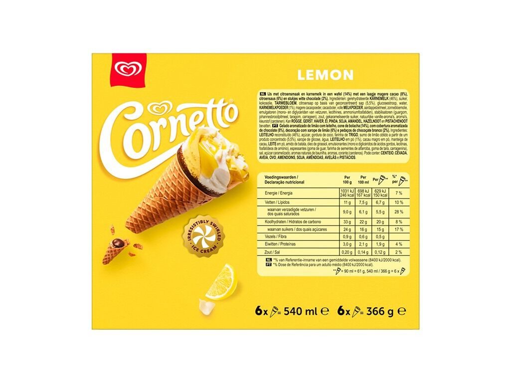 GELADO CORNETTO LIM&Atilde;O 6X90ML image number 1