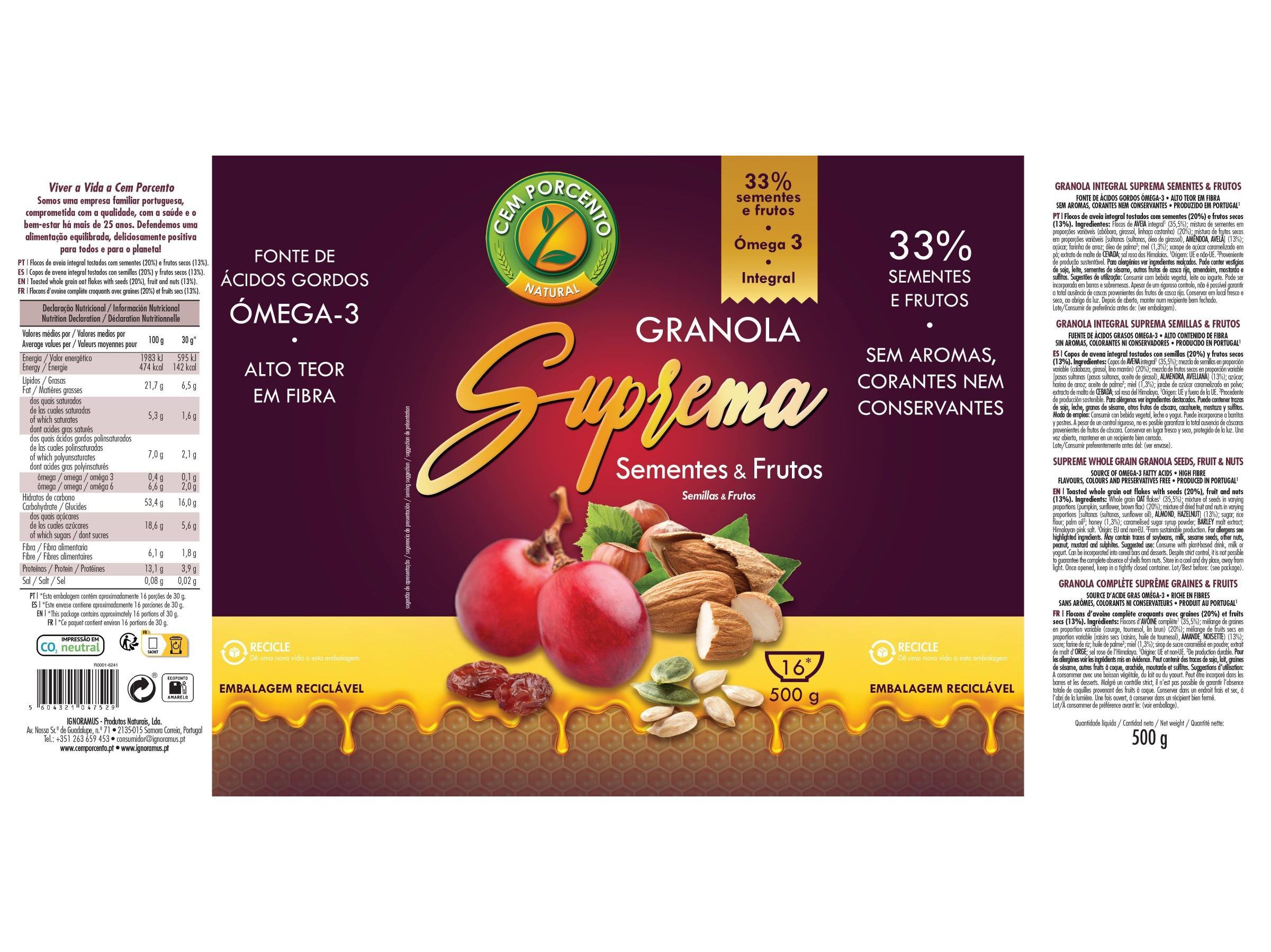 GRANOLA CEM PORCENTO SUPREMA SEMENTES & FRUTOS 500 G image number 1