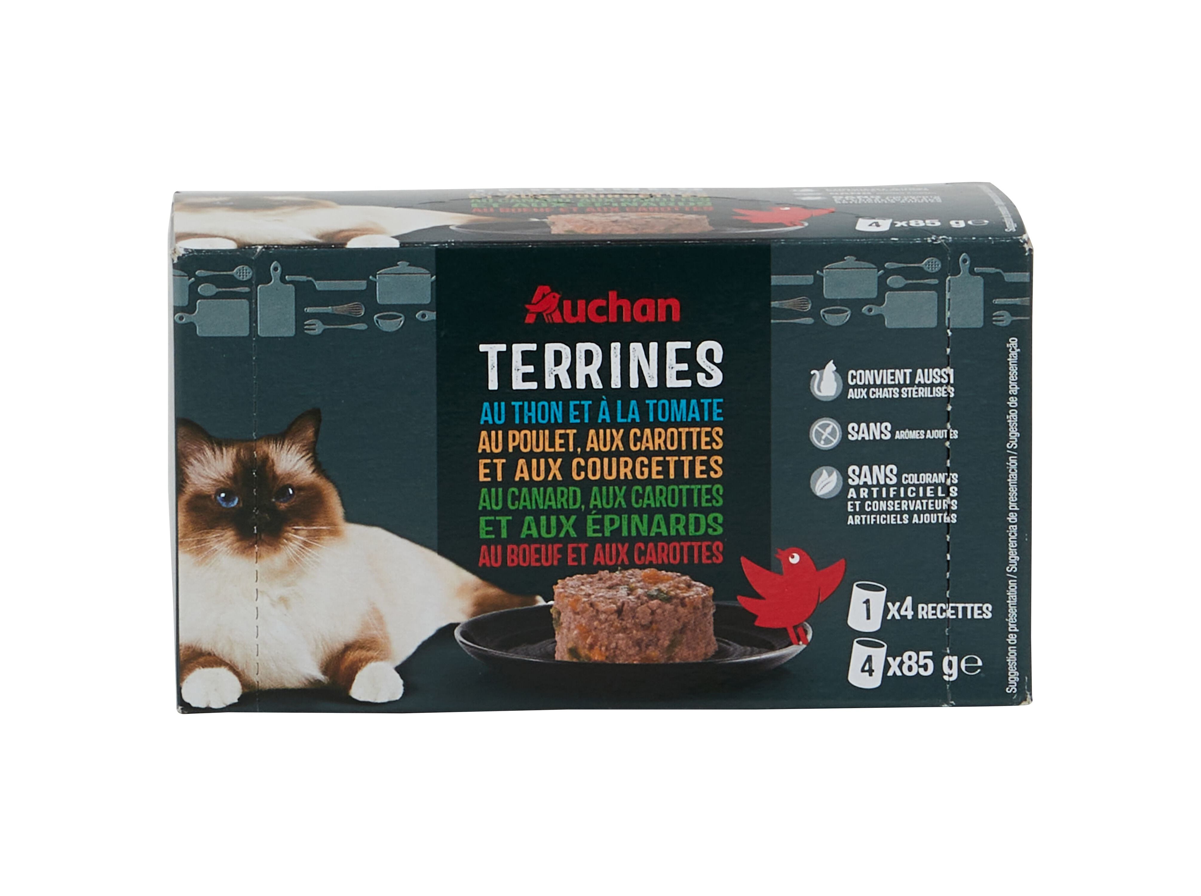 COMIDA H&Uacute;MIDA PARA GATO AUCHAN TERRINAS PEIXE E CARNE 4X85G image number 1