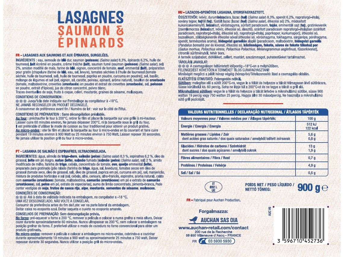 LASANHA AUCHAN SALM&Atilde;O E ESPINAFRES 900G image number 1