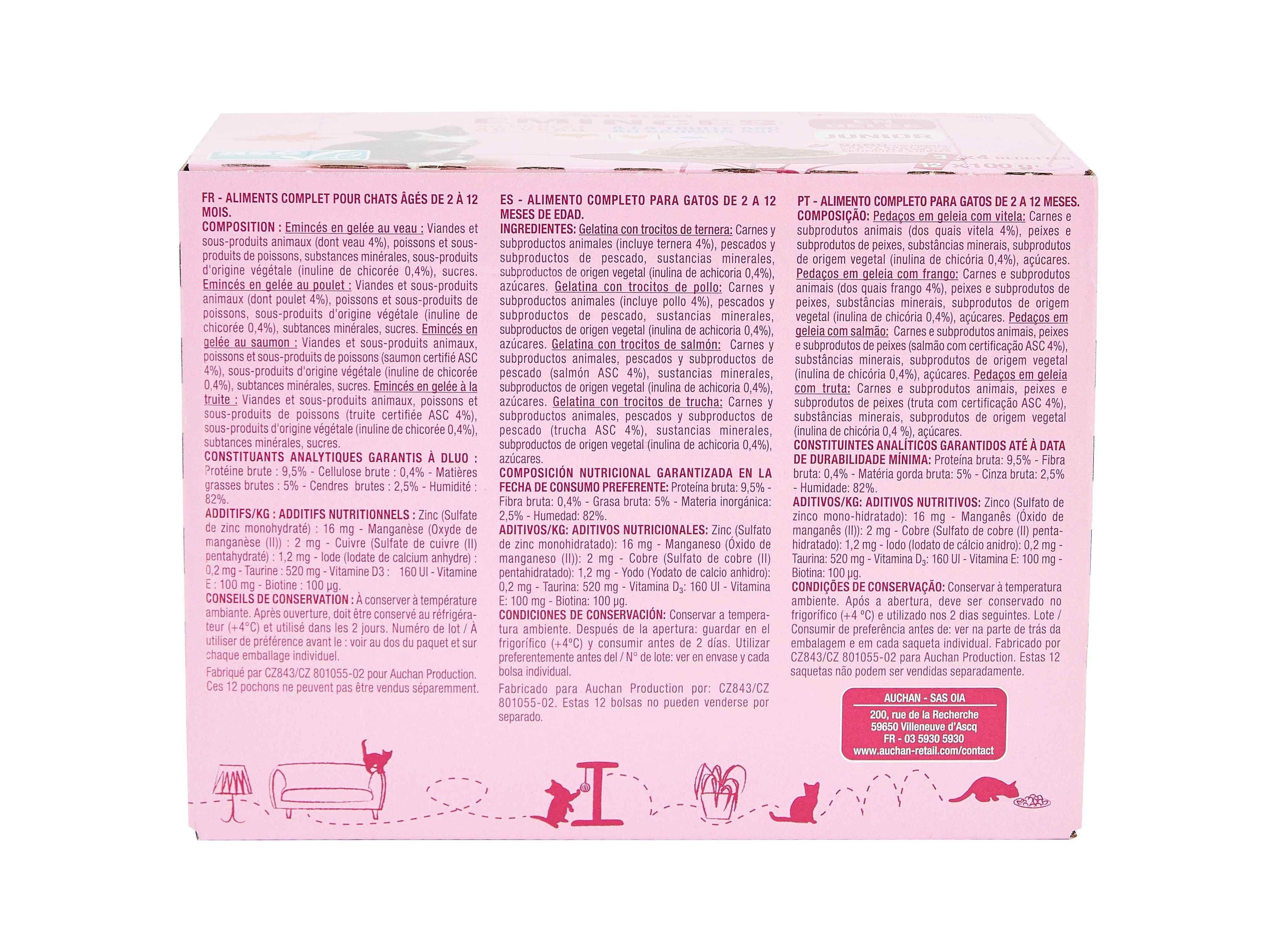 COMIDA H&Uacute;MIDA PARA GATO AUCHAN J&Uacute;NIOR SAQUETAS PEDA&Ccedil;OS EM GELEIA MIX 12X100G image number 1